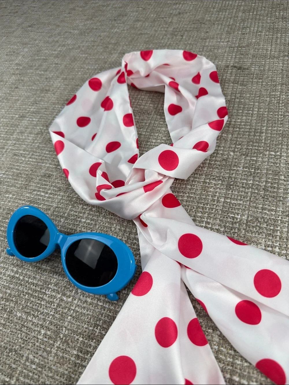Polka Dot Hair Scarf - Pink on White and blue frame sunglasses 80’s 90’s Ya2K
